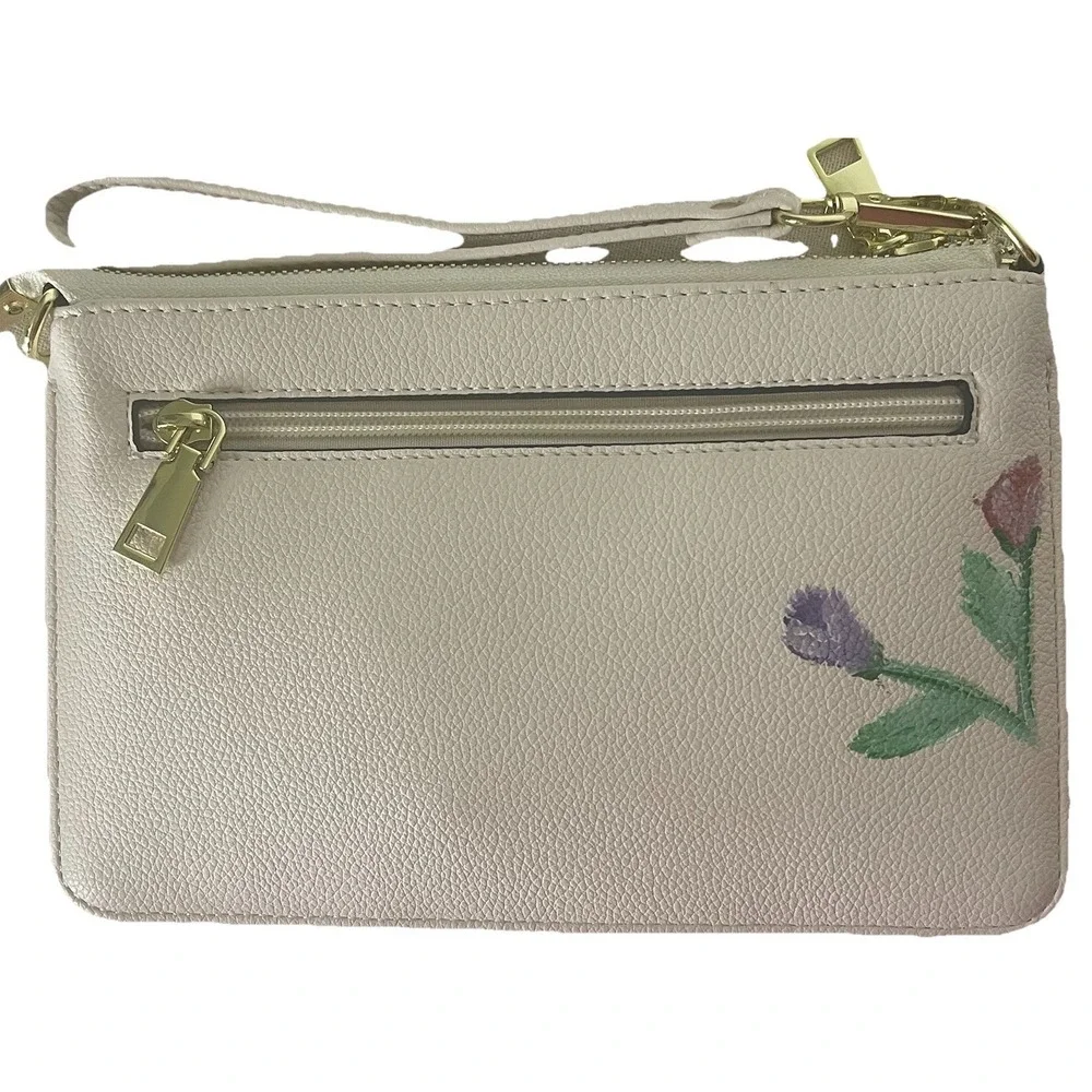 Hand Painted Yorkie Wristlet‎ Crossbody Bag Floral Off White Dog Zip Wallet
